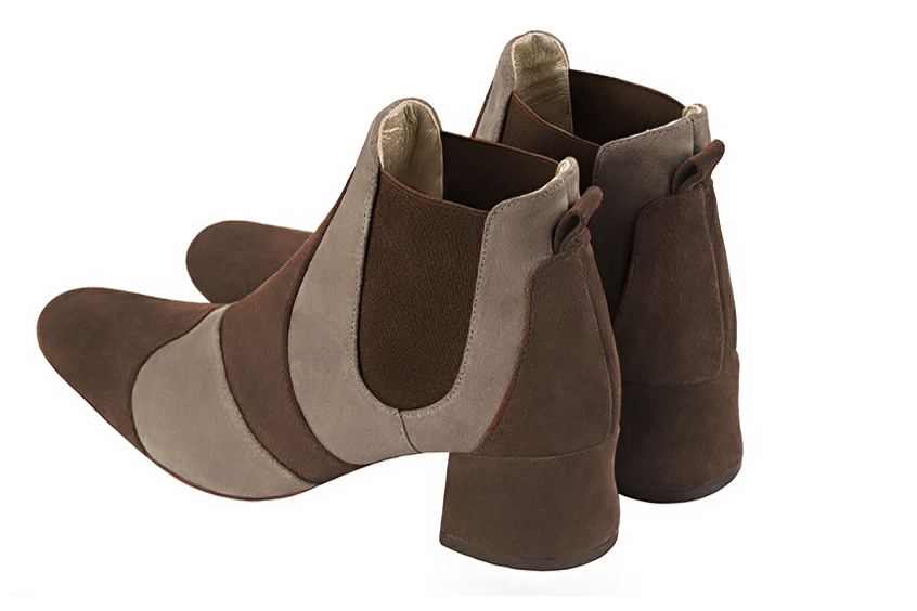 Chocolate brown and tan beige women's ankle boots, with elastics. Round toe. Low flare heels. Rear view - Florence KOOIJMAN